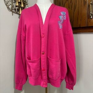 Vtg Jerzees Pink Embroidered Button Up Cardigan Sweatshirt Size Large 90s Retro